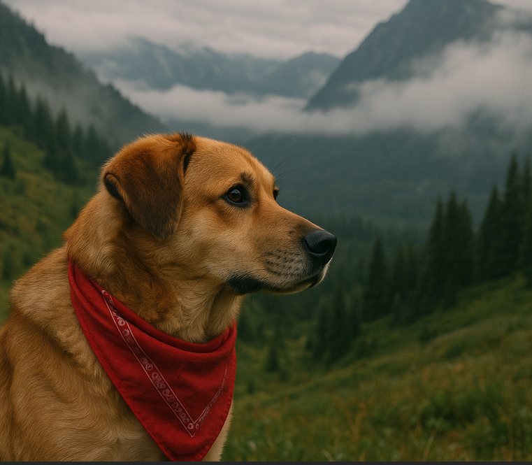 A rescue dog with a red bandana looking out toward misty Cascade foothills